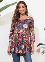 Tunic Tops for Women Plus Size 3/4 Sleeve Crew Neck Swing Flare Loose T-Shirt Blouses to Wear with Leggings