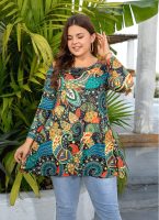 Womens Tunic Tops 3/4 Sleeve Plus Size Crew Neck Swing Flare Loose Fit T-Shirt Blouses to Wear with Leggings