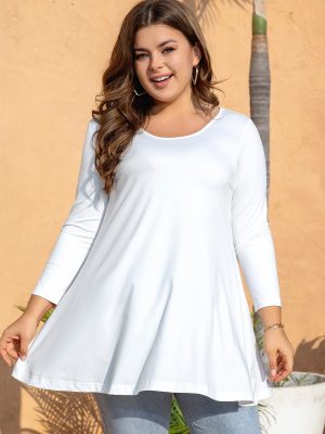 Womens Tunic Tops 3/4 Sleeve Plus Size Crew Neck Swing Flare Loose Fit T-Shirt Blouses to Wear with Leggings