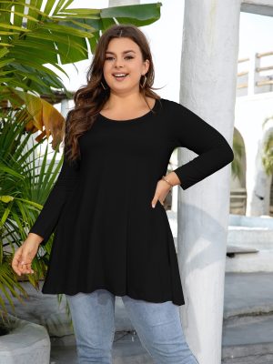 Womens Tunic Tops 3/4 Sleeve Plus Size Crew Neck Swing Flare Loose Fit T-Shirt Blouses to Wear with Leggings