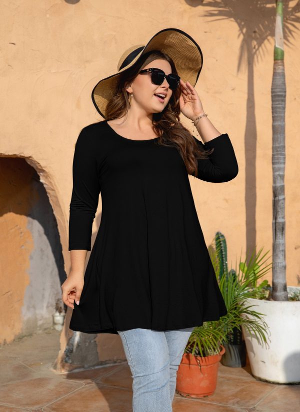 Womens Tunic Tops 3/4 Sleeve Plus Size Crew Neck Swing Flare Loose Fit T-Shirt Blouses to Wear with Leggings