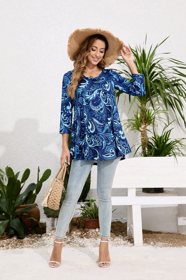 Tunic Tops for Women Plus Size 3/4 Sleeve Crew Neck Swing Flare Loose T-Shirt Blouses to Wear with Leggings