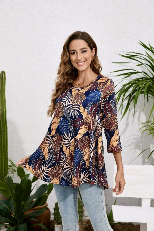 Tunic Tops for Women Plus Size 3/4 Sleeve Crew Neck Swing Flare Loose T-Shirt Blouses to Wear with Leggings