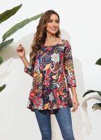 Tunic Tops for Women Plus Size 3/4 Sleeve Crew Neck Swing Flare Loose T-Shirt Blouses to Wear with Leggings