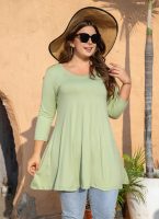 Womens Tunic Tops 3/4 Sleeve Plus Size Crew Neck Swing Flare Loose Fit T-Shirt Blouses to Wear with Leggings