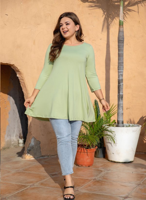 Womens Tunic Tops 3/4 Sleeve Plus Size Crew Neck Swing Flare Loose Fit T-Shirt Blouses to Wear with Leggings