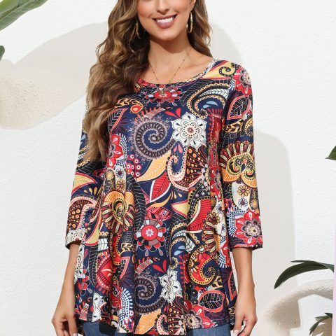 Tunic Tops for Women Plus Size 3/4 Sleeve Crew Neck Swing Flare Loose T-Shirt Blouses to Wear with Leggings